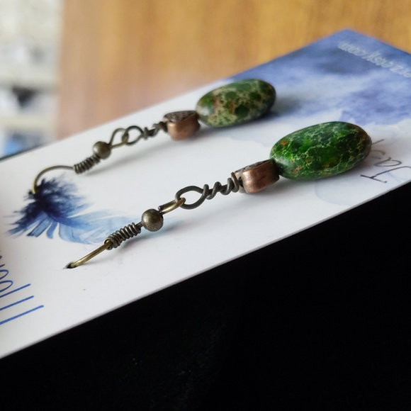 NWOT jasper stone fish hook drop earrings #45 - Picture 3 of 6